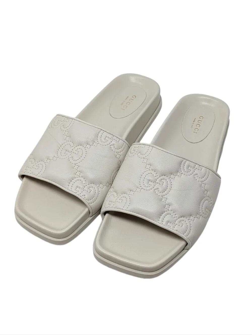Gucci White Interlocking G Leather Quilted Embroidered Slide Sandals Size EU 39